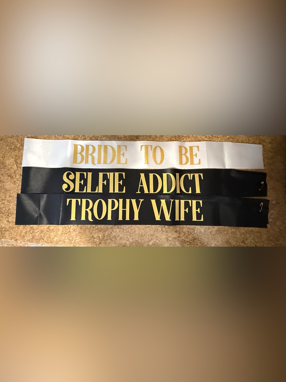 Bride To Be and Bachelorette Sashes - White and Black with Gold Lettering